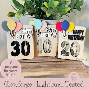 9 geldhouders voor bundelcadeaubonnen 10-90 mijlpaaljaren | Digitaal lasergesneden SVG-bestand | Glowforge en Lightburn getest