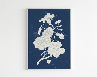 Botanical Gallery Mural Art, Indigo Blue Botanical Prints, 18th Century digital prints, Minimal Leaf Botanical Art, French botanical prints
