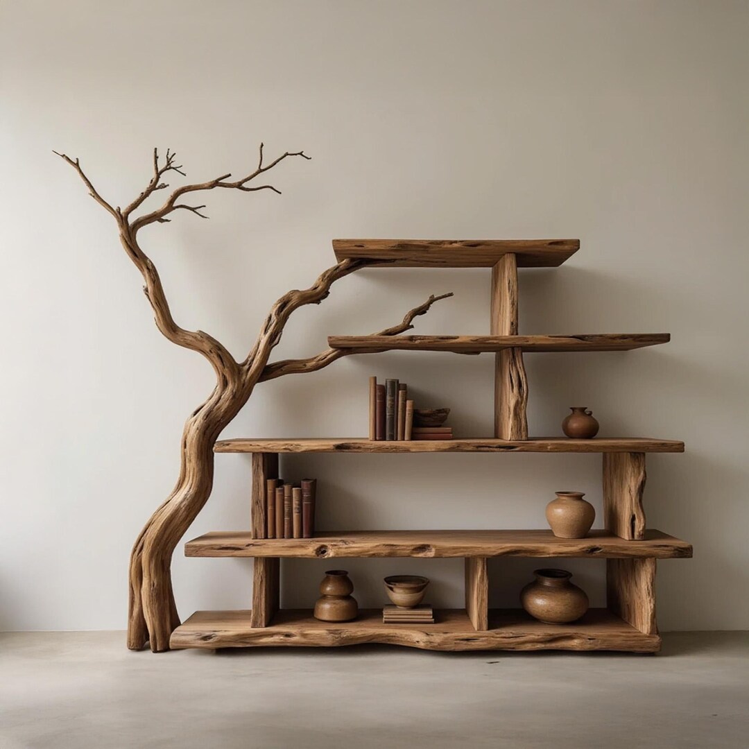 Driftwood Bookcase Solid Wood Bookshelf Mid Century Live Edge Shelf ...