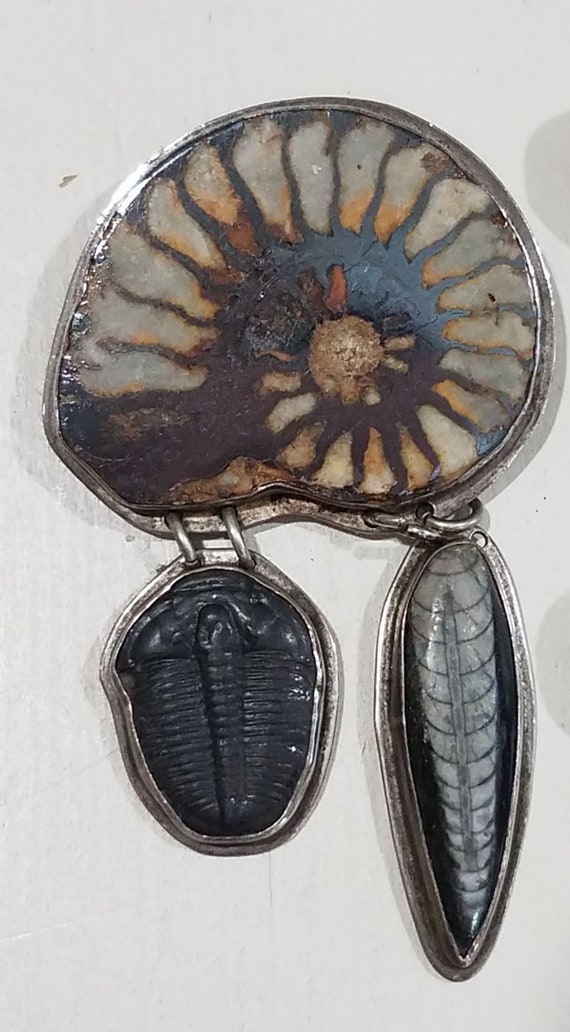 Fossil Ammonite, Trilobite and Orthoceras silver p