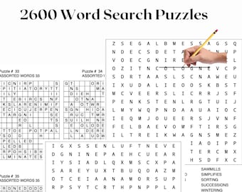 2600 Word Search Puzzle, Printable Puzzle Pages for Kids & Adults, Puzzle Solutions, Instant Download, Digital