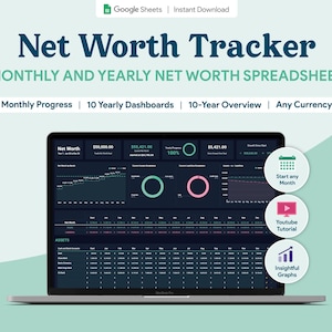 Suivi de la valeur nette, feuille de calcul Google Sheets | Modèle de valeur nette mensuelle annuelle | Calculatrice financière annuelle | Suivi des investissements | Mode sombre