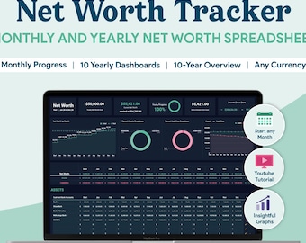 Net Worth Tracker Google Sheets Spreadsheet | Monthly Yearly Net Worth Template | Annual Finance Calculator | Investment Tracker | Dark Mode