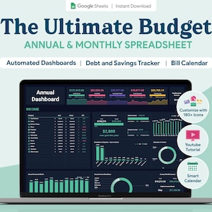 Op de afbeelding: Een laptop toont een budgetspreadsheet met de titel "The Ultimate Budget". Het scherm toont een jaarlijks dashboard, inkomensdetails en financiële grafieken. Tekst omvat "Automated Dashboards", "Debt and Savings Tracker" en "Bill Calendar".