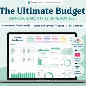 May include: A laptop displaying a budget spreadsheet with the text "The Ultimate Budget" and "Annual & Monthly Spreadsheet." Features include automated dashboards, debt and savings tracker, and bill calendar. Additional icons and a YouTube tutorial are also shown.