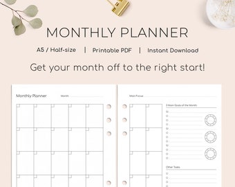 Monthly Planner - A5 / Half-size - Undated Minimal Monthly Printable PDF - Simple Monthly Goals Insert - Blank Landscape Dashboard Overview