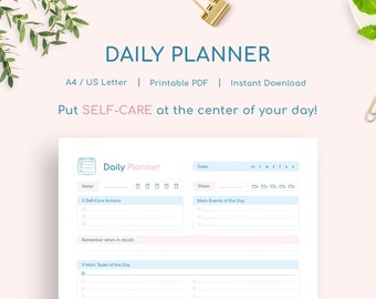 Daily Planner - A4 / US Letter - Pastel Pink Undated Printable PDF - Daily Goal Focus - Tasks To Do  - Best Life Self-Care Checklist - adhd