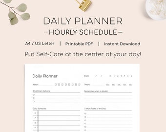 Daily Planner Hourly Schedule - A4 / US Letter - Simple Minimal Printable PDF - Undated Focus on Self-care - Daily Goal To Do List Tasks