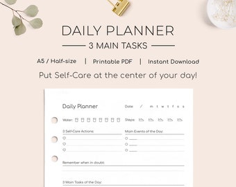 Daily Planner - A5 / Half-size - Minimal Undated Printable PDF - Daily Goal Focus - Simple Tasks To Do  - Best Self-Care Checklist - adhd