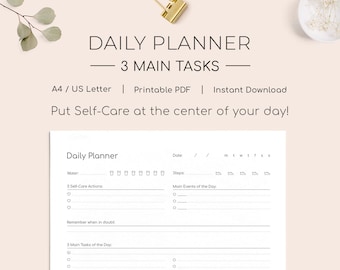 Daily Planner - A4 / US Letter - Minimal Undated Printable PDF - Daily Goal Focus - Simple Tasks To Do  - Best Self-Care Checklist - adhd