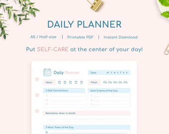 Planificateur quotidien - A5 / Demi-taille - Rose pastel PDF imprimable non daté - Objectif quotidien mignon Focus sur les tâches à faire - Liste de contrôle des soins personnels Esthétique