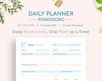 Daily Pomodoro Planner - A4 / US Letter - Printable PDF - Pomodoro Tracker - 3 Main Tasks Pomodoro Session Timer - To do List Insert PDF
