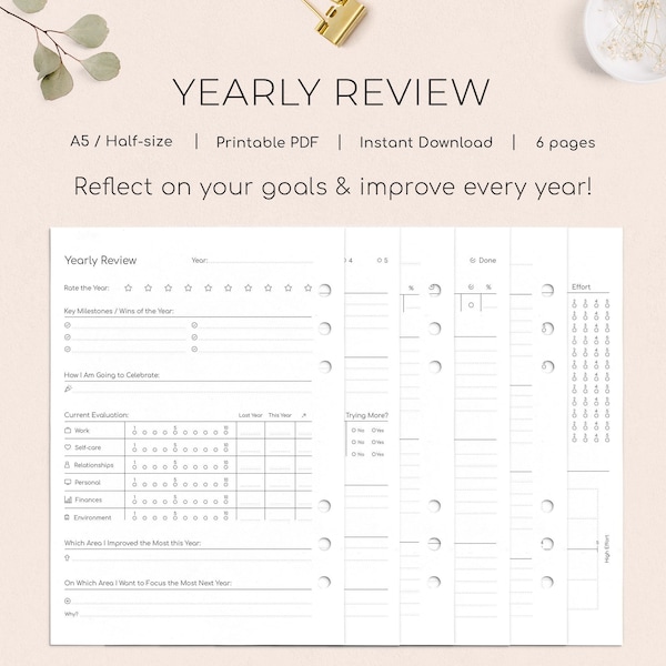 Yearly Review - Year Reflection Productivity Planner - Gratitude Journal - Growth Mindset - A5 Half-size Minimal Insert - Printable Planner