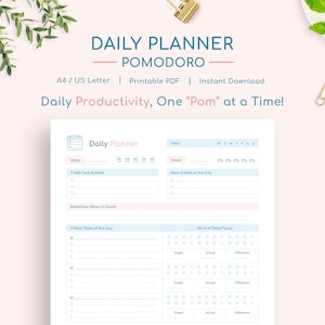 Daily Pomodoro Planner - A4 / US Letter - Printable PDF - Pomodoro Tracker - 3 Main Tasks Pomodoro Session Timer - To do List Insert PDF