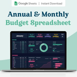 Annual & Monthly Budget Spreadsheet | GoogleSheets Template | Savings, Subscription Tracker, Debt Payoff | Dark Mode Digital Budget