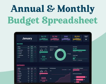 Feuille de calcul budgétaire annuel et mensuel | Modèle GoogleSheets | Économies, suivi des abonnements, remboursement de la dette | Budget numérique en mode sombre