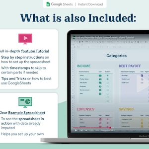 May include: A laptop screen displays a Google Sheets budget spreadsheet, with sections for income, expenses, debt payoff, and savings. Accompanying text highlights a YouTube tutorial and a clear example spreadsheet for setup assistance.