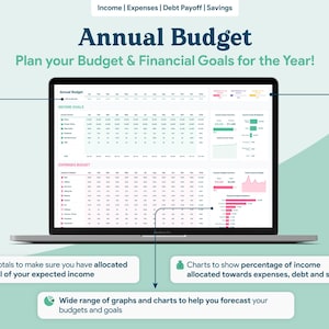 May include: A laptop displaying an "Annual Budget" spreadsheet with financial goals. The screen shows income and expense breakdowns, charts, and graphs. Text includes "Plan your Budget & Financial Goals for the Year!" and descriptions of the charts.