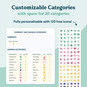 May include: A customizable budget tracker template with space for 20 categories and 120 free icons. The template includes a section for currency and savings categories. The savings categories are listed in a table with checkboxes for long-term savings and icons to represent each category.