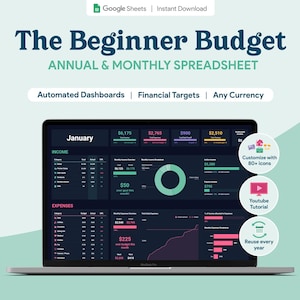 Spreadsheet met maandbudget voor beginners | Budgetsjabloon voor Google Spreadsheets | Eenvoudige maandelijkse budgettracker financiële planner | Donkere modus