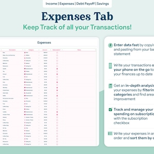 May include: A digital expense tracker interface with the title "Expenses Tab" and the text "Keep Track of all your Transactions!". The interface displays a detailed expense list with categories and amounts. Additional features include data entry, mobile access, and expense analysis.