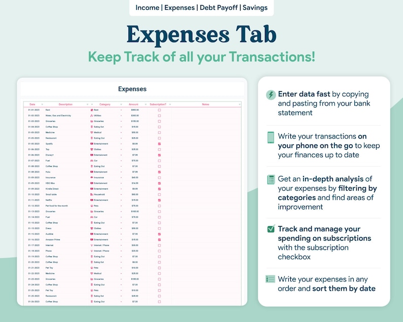 May include: A digital expense tracker interface with the title "Expenses Tab" and the text "Keep Track of all your Transactions!". The interface displays a detailed expense list with categories and amounts. Additional features include data entry, mobile access, and expense analysis.