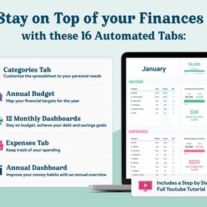 May include: A laptop screen displays a financial spreadsheet with the text "Stay on Top of your Finances." The image highlights 16 automated tabs, including categories, annual budget, and monthly dashboards. A YouTube tutorial is included.