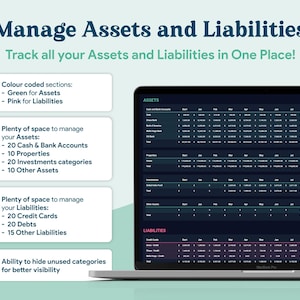 May include: A laptop screen displays a financial asset and liability management interface. The screen shows a spreadsheet with color-coded sections for assets (green) and liabilities (pink). Text on the screen reads "Manage Assets and Liabilities."