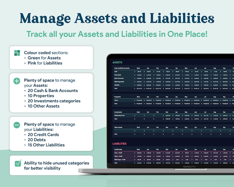 May include: A laptop screen displays a financial asset and liability management interface. The screen shows a spreadsheet with color-coded sections for assets (green) and liabilities (pink). Text on the screen reads "Manage Assets and Liabilities."