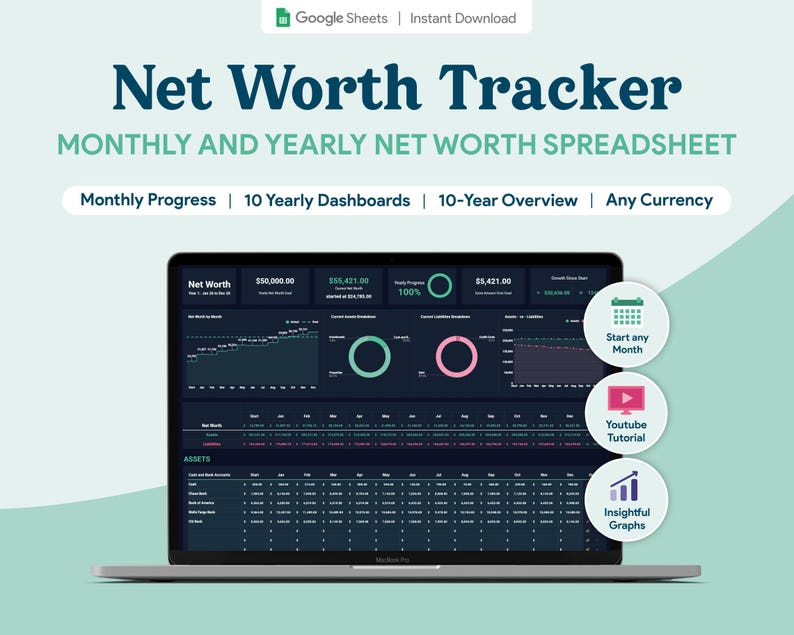 Net Worth Tracker Google Sheets Spreadsheet | Monthly Yearly Net Worth Template | Annual Finance Calculator | Investment Tracker | Dark Mode image 1
