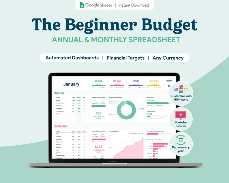 May include: A laptop screen displays a budget spreadsheet titled "The Beginner Budget." The spreadsheet includes sections for income and expenses, with charts and graphs. Text on the screen includes "Automated Dashboards," "Financial Targets," and "Any Currency."
