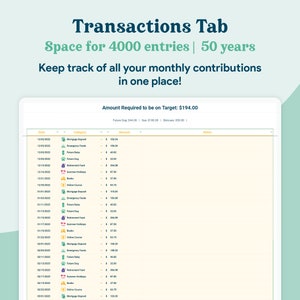 May include: A screenshot of a budgeting app with a table showing a list of transactions, dates, categories, and amounts. The app is designed to help users track their monthly contributions and keep track of their finances. The app is called "Transactions Tab" and has a tagline that says "Space for 4000 entries | 50 years". The app also has a feature that allows users to set a target amount and track their progress towards that goal. The target amount is $194.00.