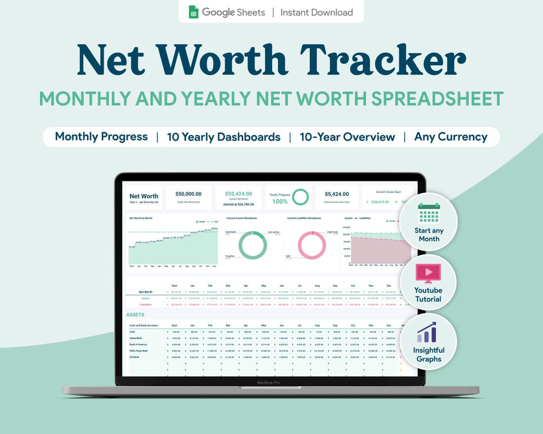 Net Worth Tracker Google Sheets Spreadsheet | Monthly Yearly 10-year ...
