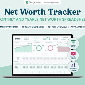 Hoja de cálculo de Google Sheets para el seguimiento del patrimonio neto / Plantilla mensual/anual/decenal para el seguimiento del patrimonio neto / Hoja de cálculo financiera para la jubilación