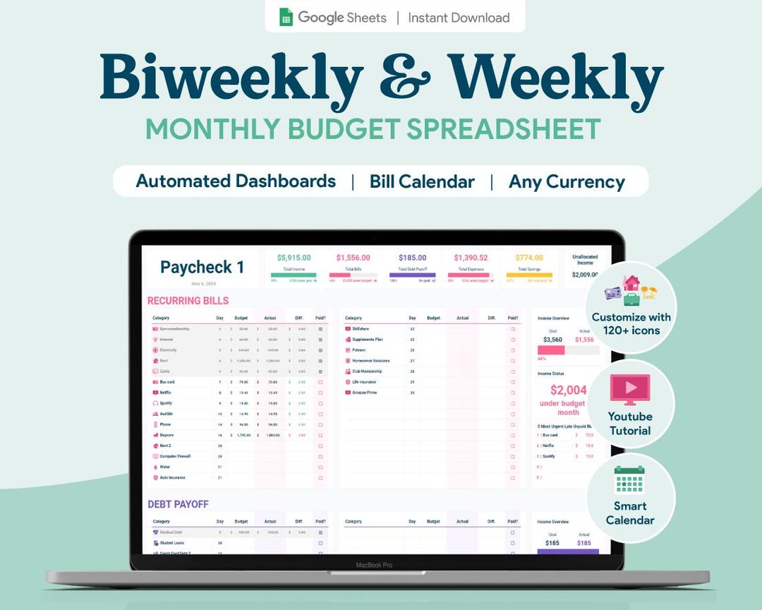 Biweekly & Weekly Paycheck Budget Google Sheets Spreadsheet ...