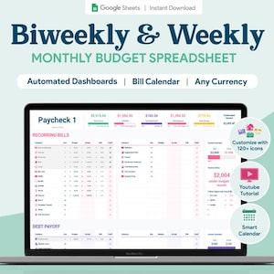 Biweekly & Weekly Paycheck Budget Google Sheets Spreadsheet  | Fornightly Monthly Finance Template | Expense Tracker | Bill Calendar