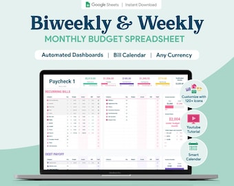 Biweekly & Weekly Paycheck Budget Google Sheets Spreadsheet  | Fornightly Monthly Finance Template | Expense Tracker | Bill Calendar
