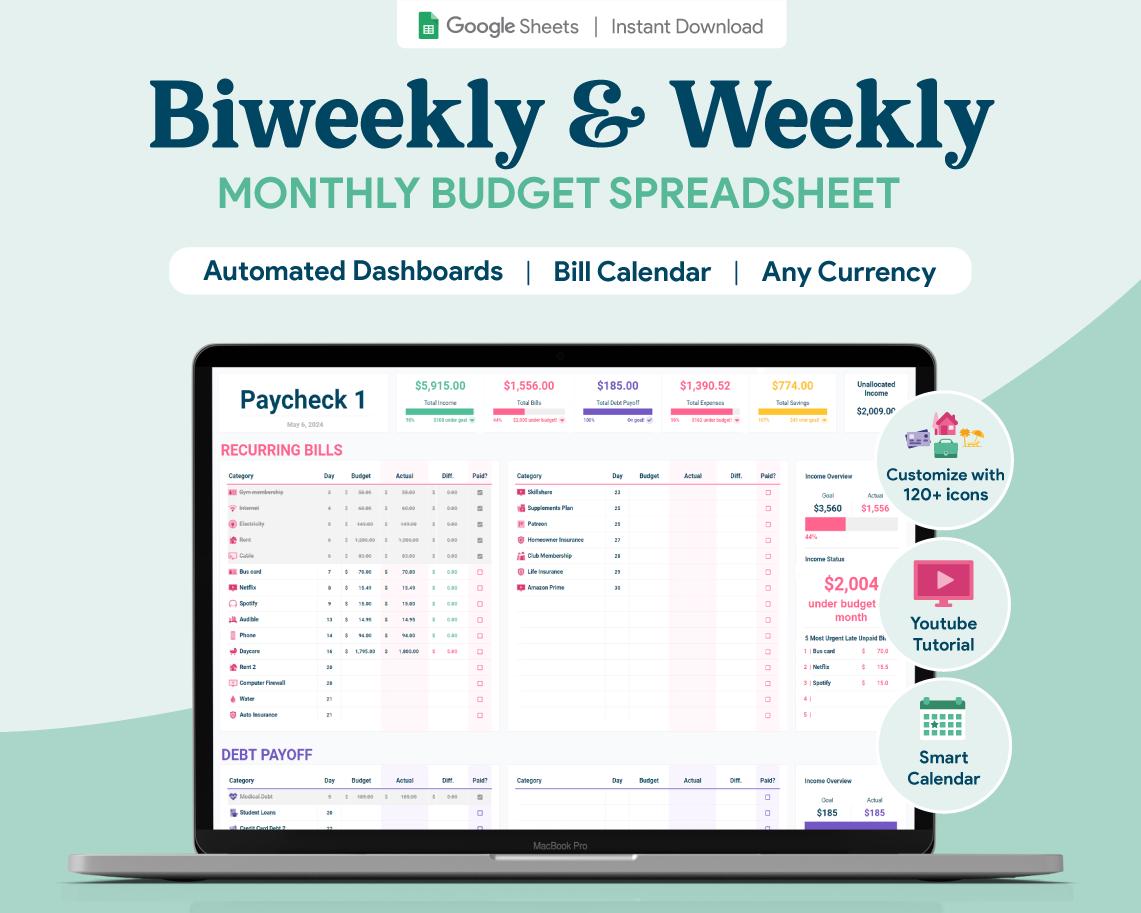 Biweekly & Weekly Paycheck Budget Google Sheets Spreadsheet ...
