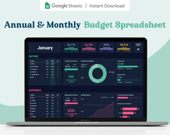 Annual & Monthly Budget Spreadsheet | GoogleSheets Template | Savings, Subscription Tracker, Debt Payoff | Dark Mode Digital Budget