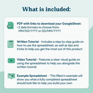 May include: A green and white illustration of a PDF file, a spreadsheet, a play button, and a computer monitor with a pie chart. The text "What is included:" is at the top of the image. The text below each icon describes the contents of the digital product. The text includes "PDF with links to download your GoogleSheet: 2 date formats to choose from: MM/DD/YYYY or DD/MM/YYYY", "Written Tutorial - Includes a step by step guide on how to use the spreadsheet, as well as tips and tricks to help you get the most out of this product", "Video Tutorial - Features a clear visual guide on using the spreadsheet to help you alongside the written tutorial", and "Example Spreadsheet - This filled in example will show you what a fully completed spreadsheet should look like to help you build your own".