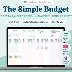 May include: A laptop screen shows a budget spreadsheet labelled "The Simple Budget." The spreadsheet is designed for paychecks, weekly, biweekly, monthly, and custom budgeting. Features include automated spreadsheets, easy to use, and insightful graphs.