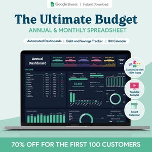Ultieme maandelijkse jaarlijkse budgetspreadsheet | Budgetsjabloon voor Google Spreadsheets | Jaarlijkse financiële trackerplanner Schuldtracker | Donkere modus