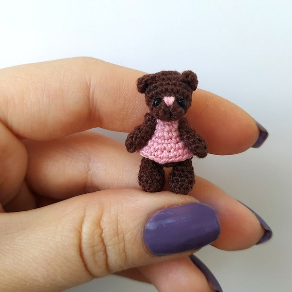 Micro Miniature crocheted brown bear in dress Mini tiny amigurumi toy small knitted animal Doll house toy Dollhouse