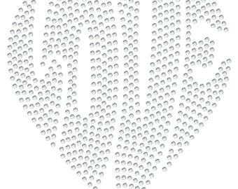 May include: A heart-shaped design made of small, silver rhinestones, spelling out the word "LOVE".