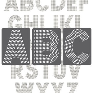 May include: A set of alphabet letters made of white dots on a gray background. The letters are arranged in three rows, with the first row showing A through F, the second row showing G through L, and the third row showing R through Z. The letters A, B, and C are highlighted in a larger size and are in a separate row.