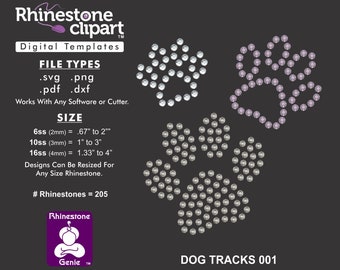 May include: A digital template for a dog paw print design using rhinestones. The design is made up of three paw prints, one in light purple, one in silver, and one in white. The image includes text that says "DOG TRACKS 001" and "# Rhinestones = 205".