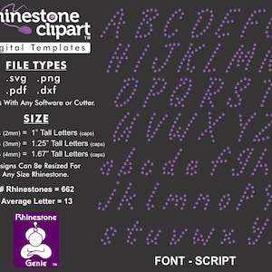 Peut inclure: Un modèle numérique pour créer des lettres en strass dans une police d'écriture cursive. L'image montre l'alphabet en lettres majuscules, chaque lettre étant composée de petits strass violets. Le texte sous les lettres indique "FONT - SCRIPT".
