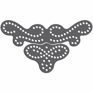 May include: A gray wooden board with a unique shape and a pattern of evenly spaced holes. The board is designed for use with a game or activity.