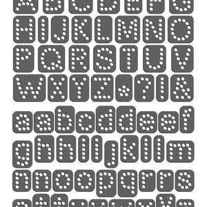 May include: A set of 26 alphabet letters, each letter is represented by a gray square with white dots arranged in the shape of the letter.