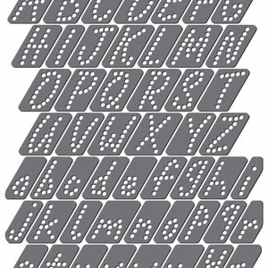May include: A set of 26 alphabet letters made of gray metal with white dots. Each letter is a separate piece and is shaped like a parallelogram.